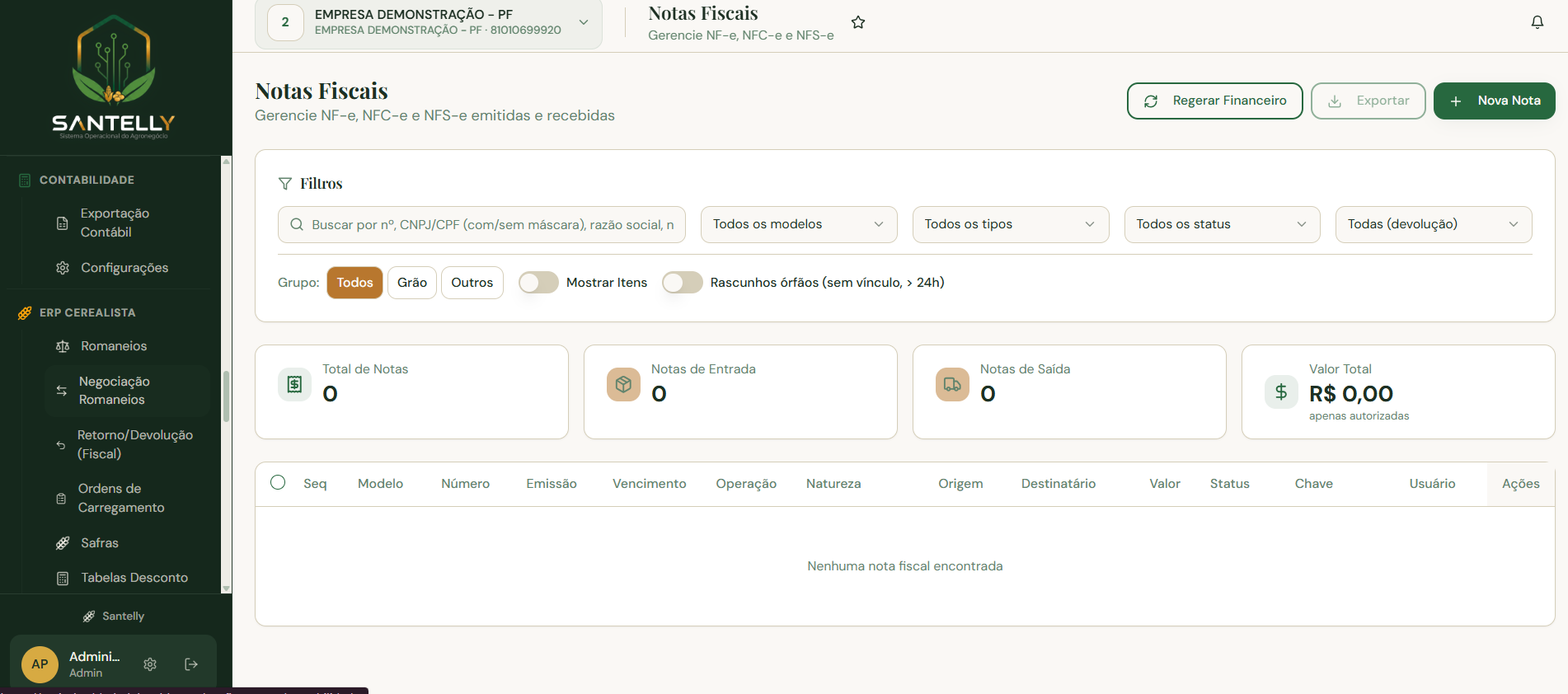 Tela de Notas Fiscais da Santelly gerenciando NF-e, NFC-e e NFS-e